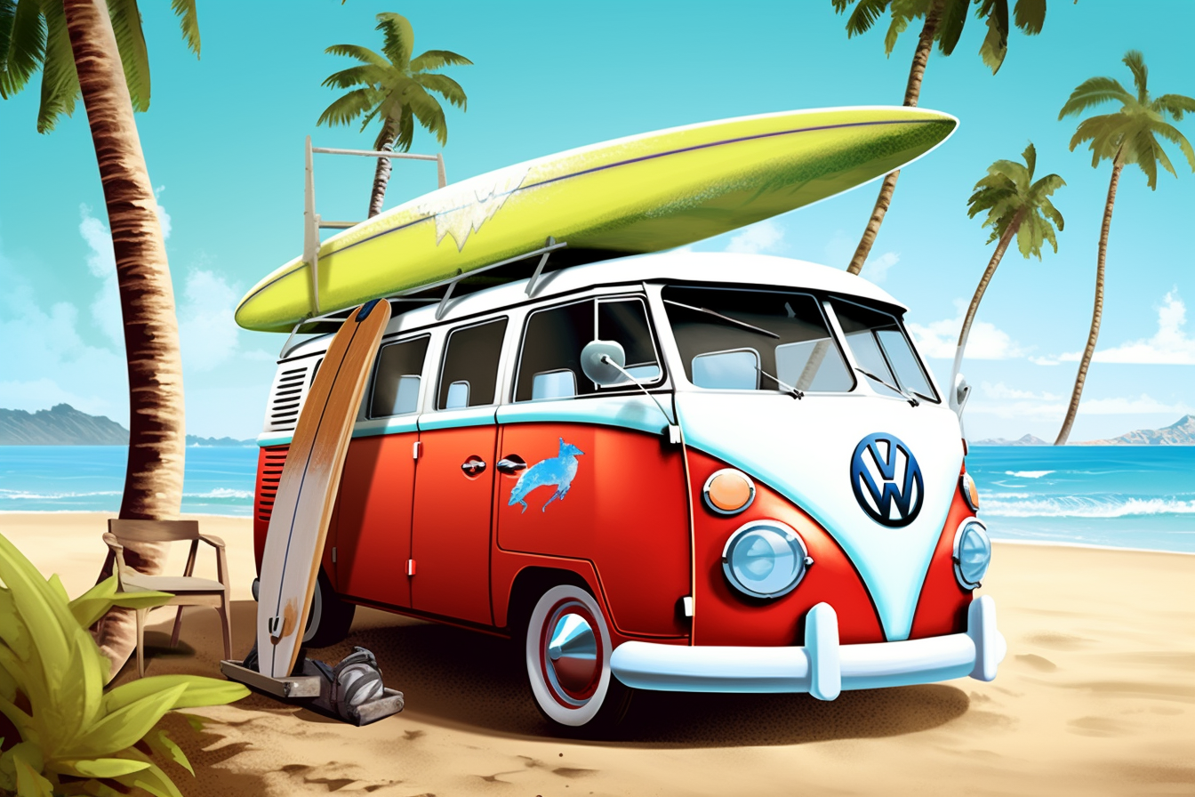 Swamphox A VW VAN on the beach with surfboards on top photo rea 295181d4 df0d 4375 812e ae17b53536a3